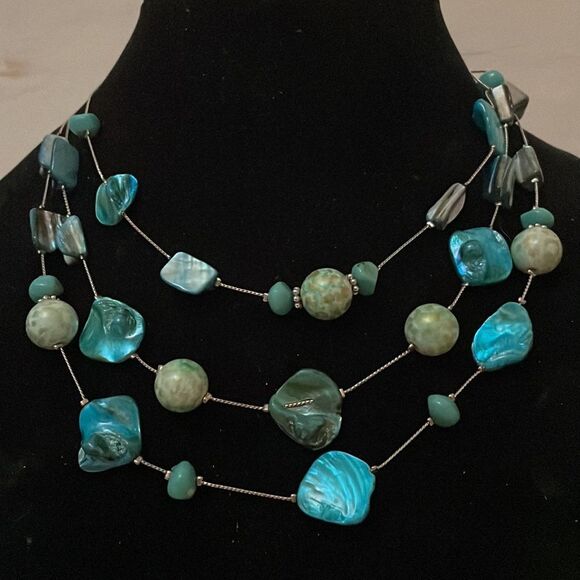 New York & Co. silver tone triple strand-shortest 17”-turquoise tone necklace - Picture 2 of 12